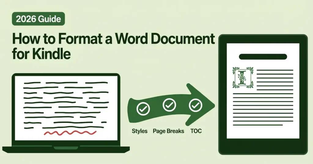 Word manuscript being formatted into a clean Kindle eBook page, with styles, page breaks and table of contents steps