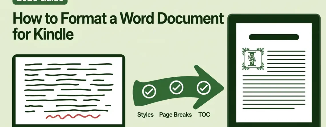 Word manuscript being formatted into a clean Kindle eBook page, with styles, page breaks and table of contents steps