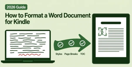 Word manuscript being formatted into a clean Kindle eBook page, with styles, page breaks and table of contents steps