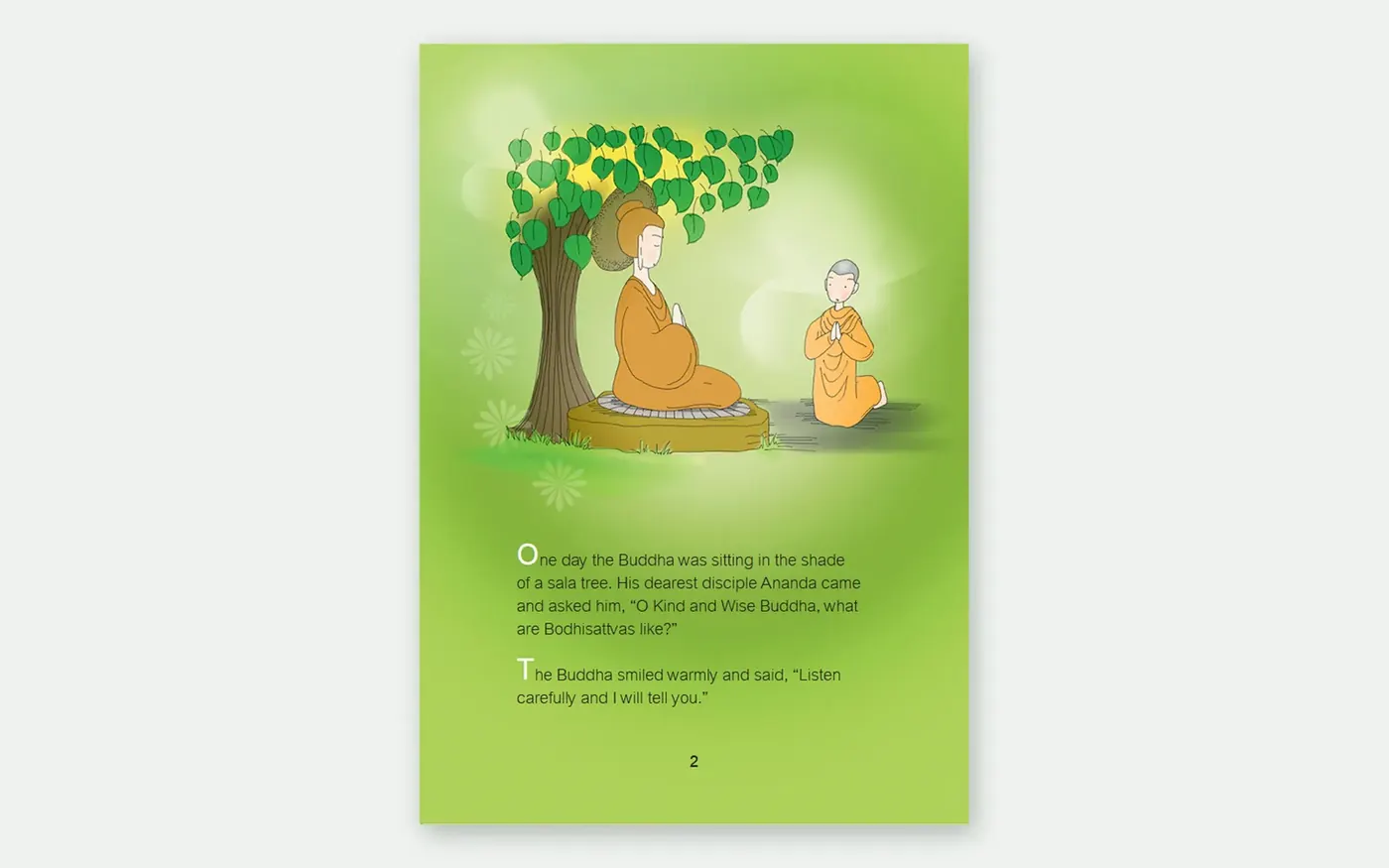 Illustrated children's story page in fixed layout ePub, live text with decorative drop caps set over the artwork