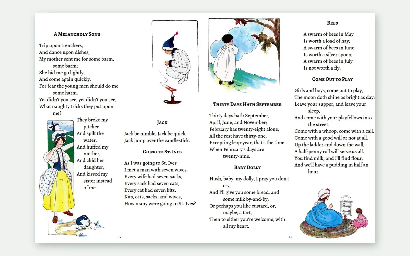 Two-page fixed layout ePub spread with four text columns and inline illustrations held in their original positions