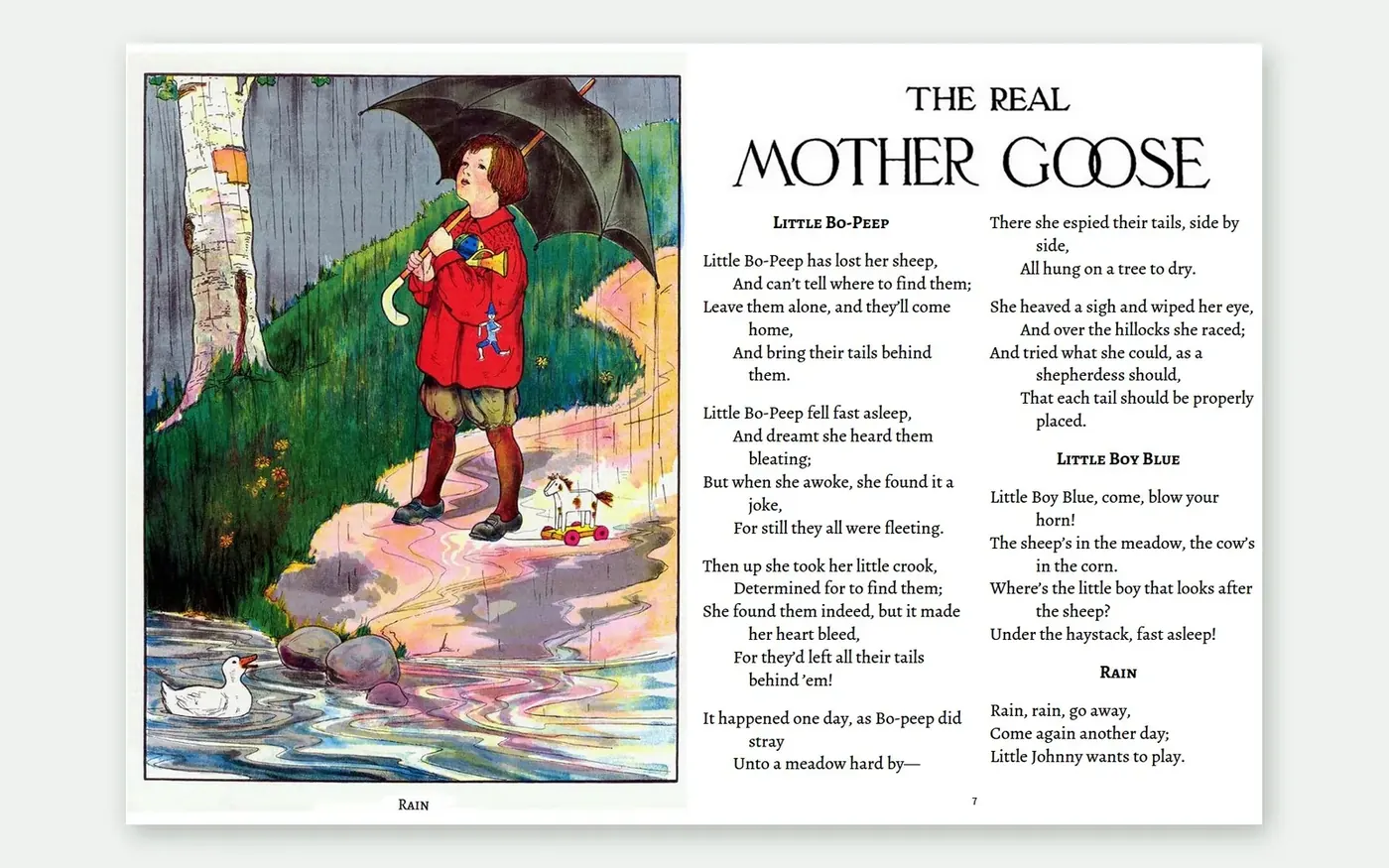 Illustrated nursery rhyme collection as a fixed layout ePub spread, full-page colour plate beside two-column verse
