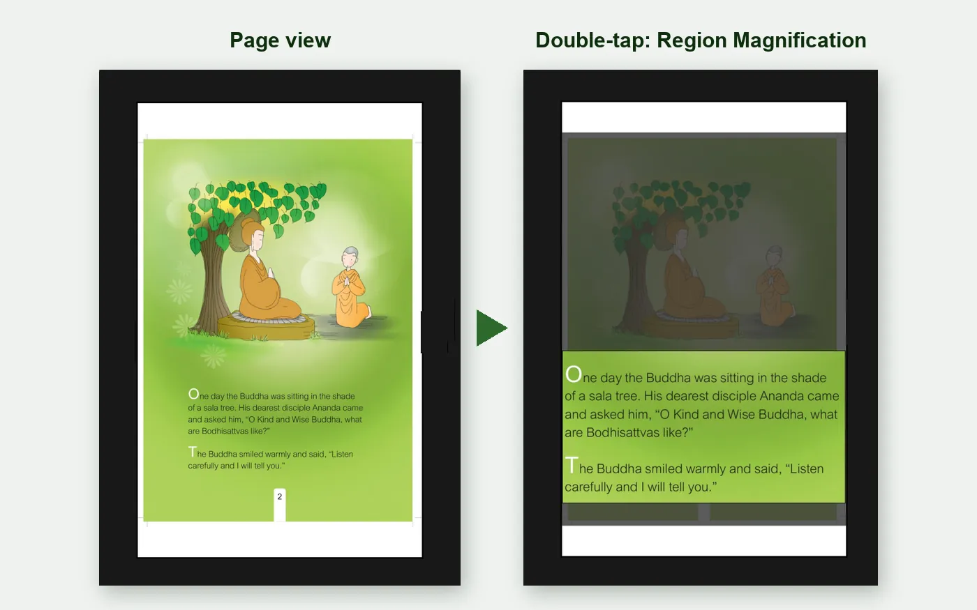 Fixed layout Kindle children's book page in Kindle Previewer, shown as a full page and with Region Magnification enlarging the live text