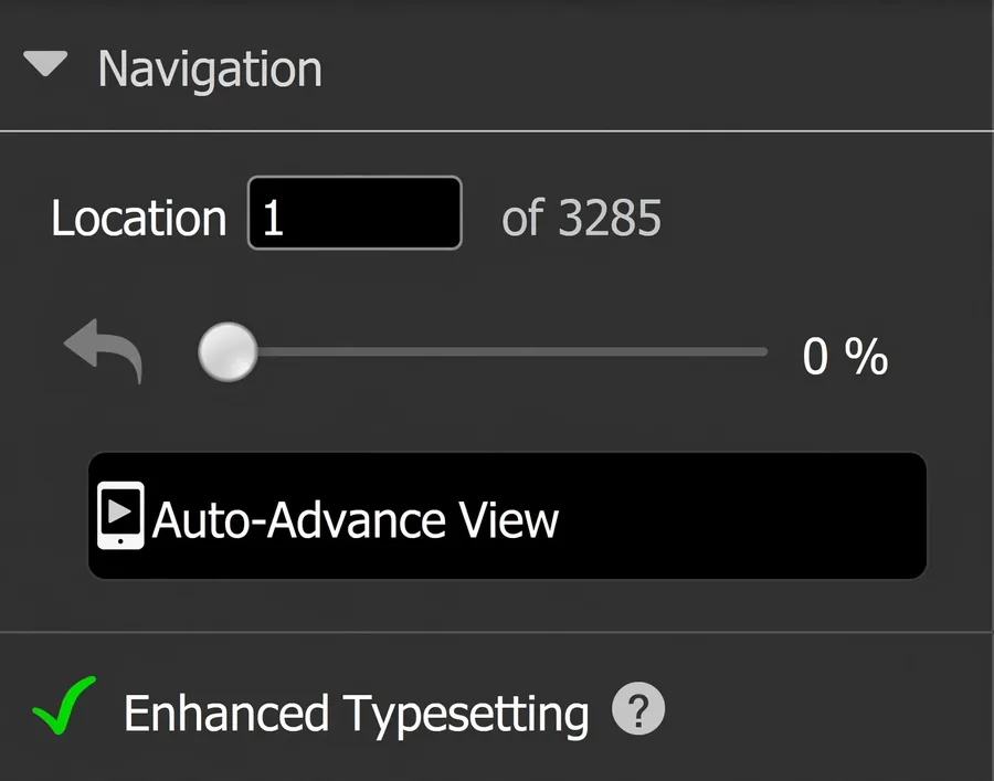 Kindle Previewer navigation panel with a green tick confirming Enhanced Typesetting is enabled on a hand-coded Kindle file