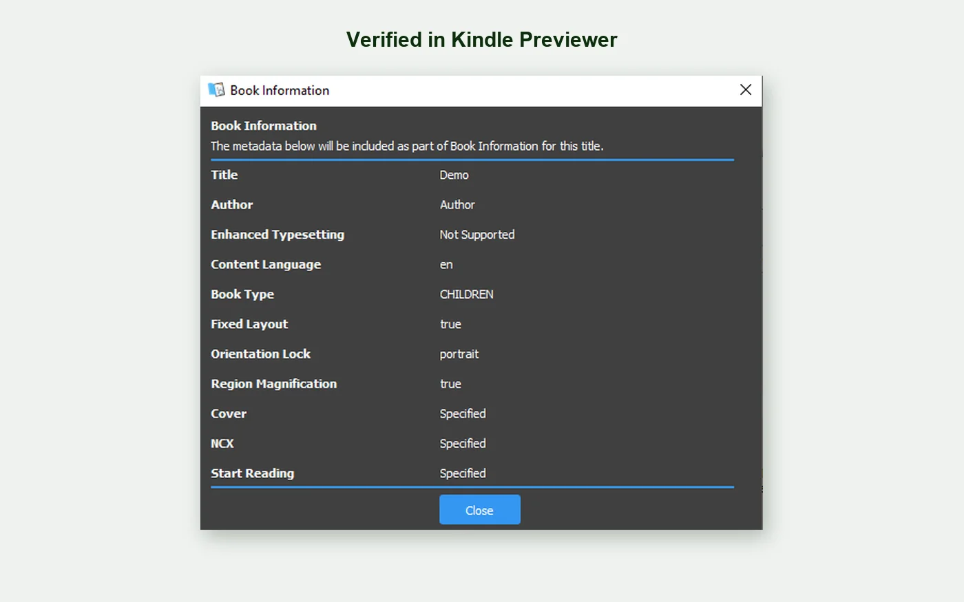 Kindle Previewer Book Information panel confirming Fixed Layout true and Region Magnification true for a children's Kindle book